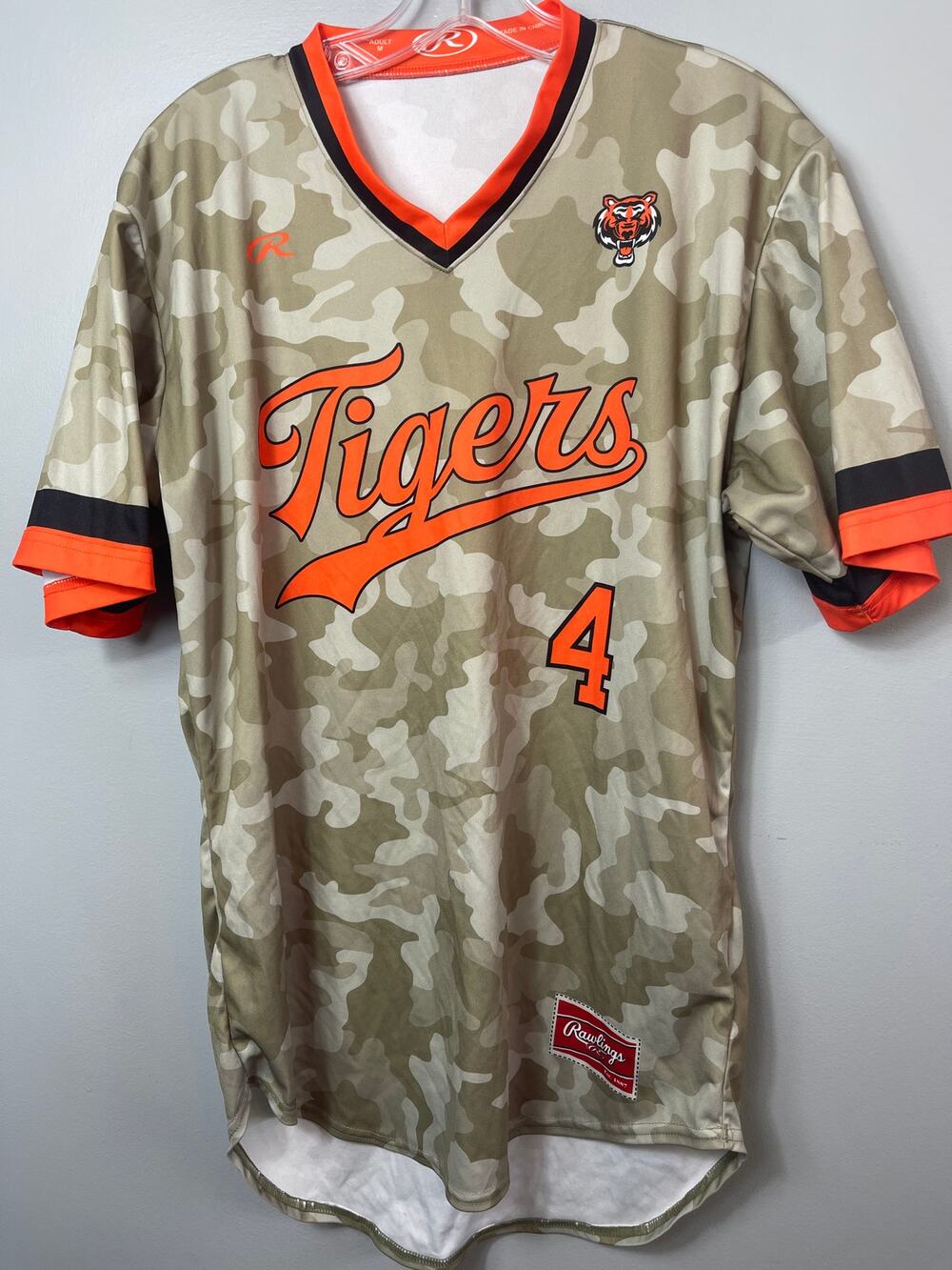 Rawlings Tigers Youth Baseball Jersey Size Adult M Camo V-Neck Orange Black #4